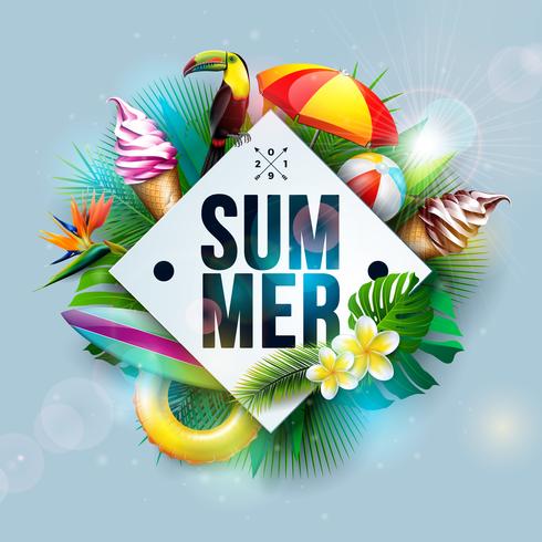 Vektor-Sommerferien-Illustration mit Blume und tropischen Palmblättern auf Ozean-Blau-Hintergrund. Tukan Vogel und Eis vektor