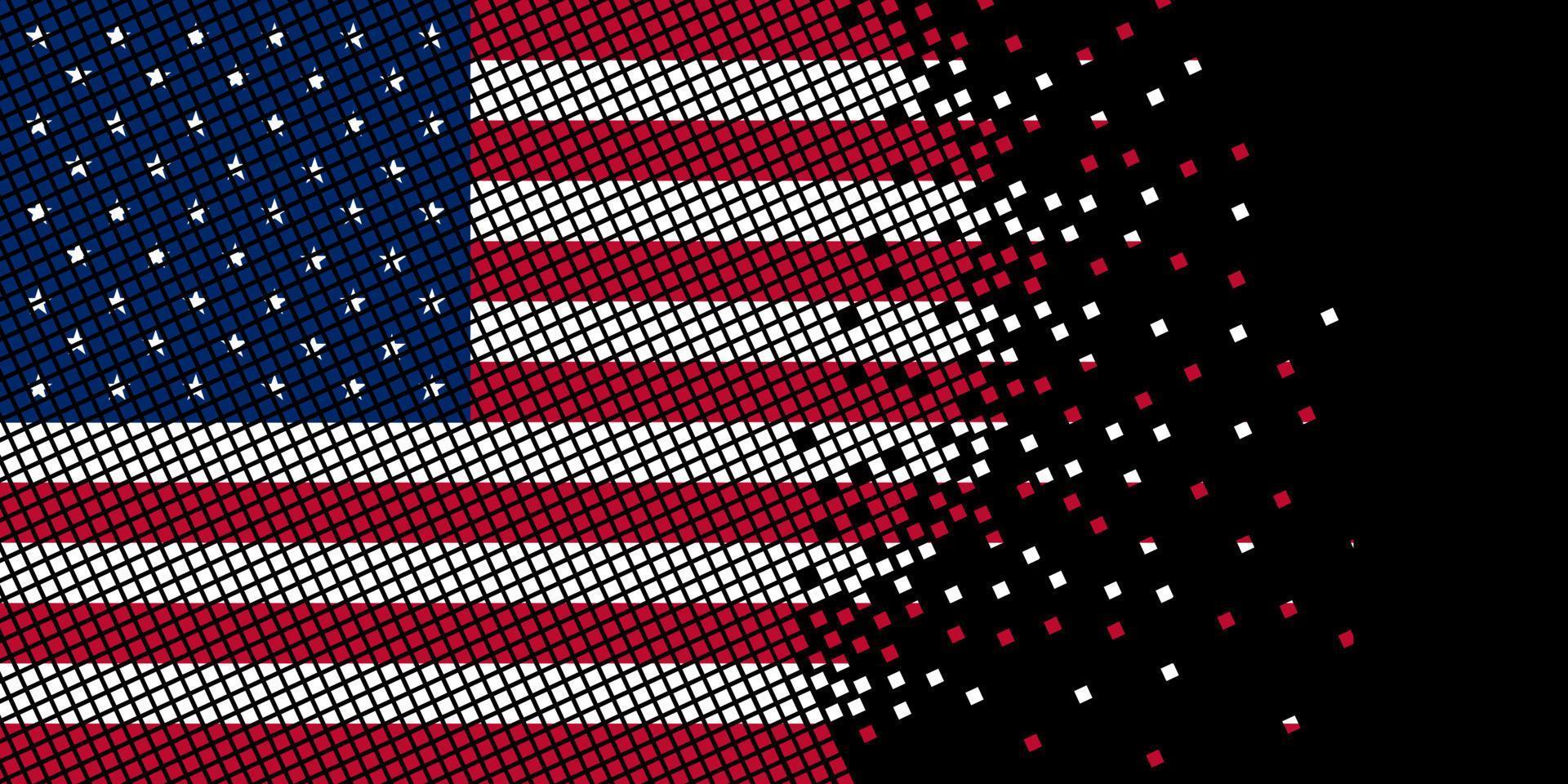 Pixelkunst mit usa-Flagge. Pixelpunkte wachsen, indem sie sich innerhalb des Flags konzentrieren. die punkte innerhalb der amerikanischen flagge sind pixelkunst, die einheit und unabhängigkeit darstellt. Flagge auf schwarzem Hintergrund. vektor