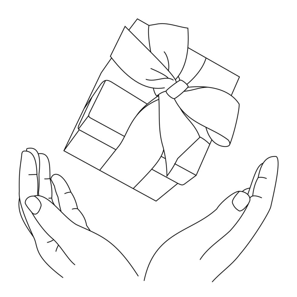 Abbildung einer Hand, die vorgibt, eine Geschenkbox zu geben. weihnachtsgeschenke, weihnachten, neujahr, feier, valentinstag und geburtstagsausgaben lokalisiert auf weißem hintergrund. Überraschung oder besonderes Geschenk vektor