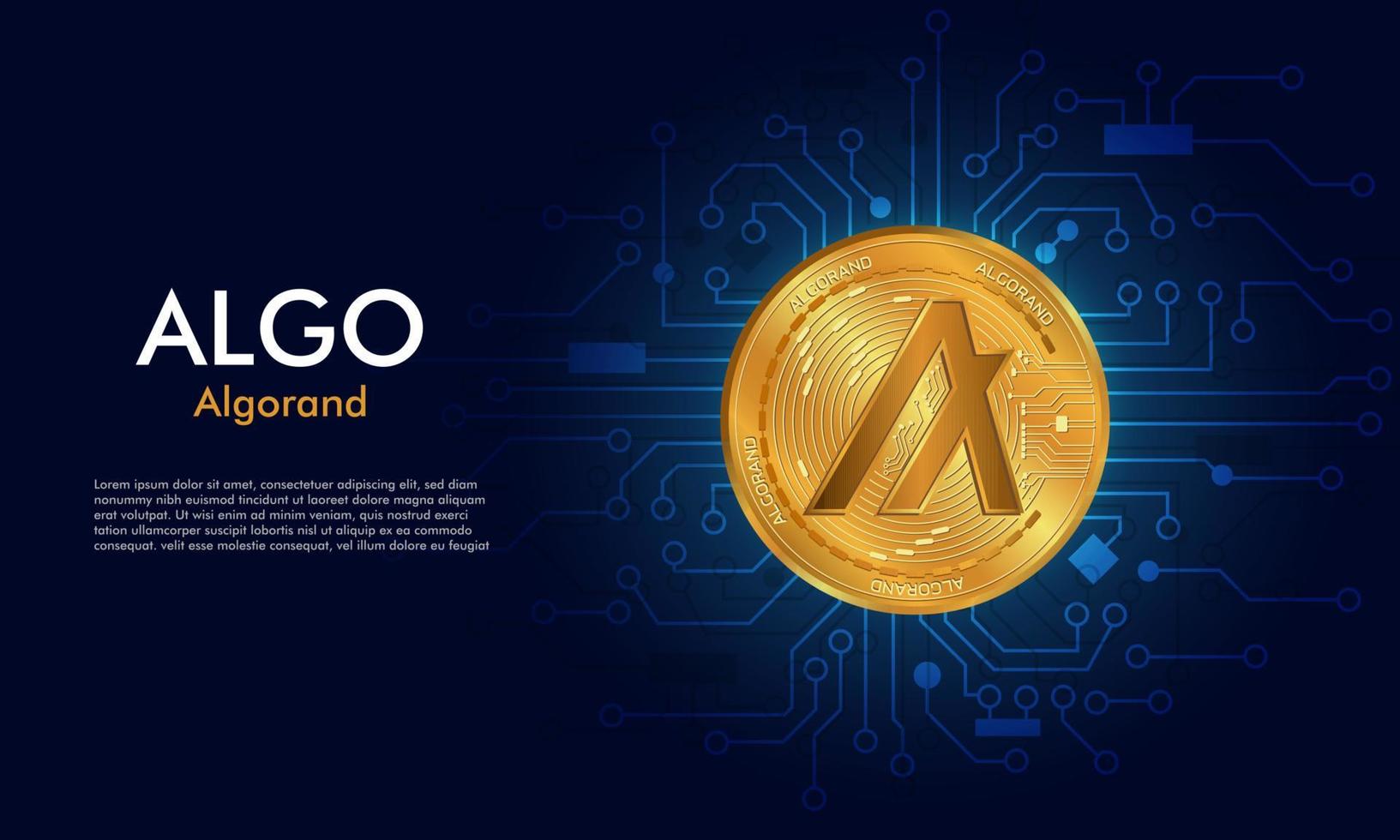 Algo Goldmünze. hintergrund mit leiterplatte.algorand-token-cyptocurrency-konzept auf dunkelblau vektor