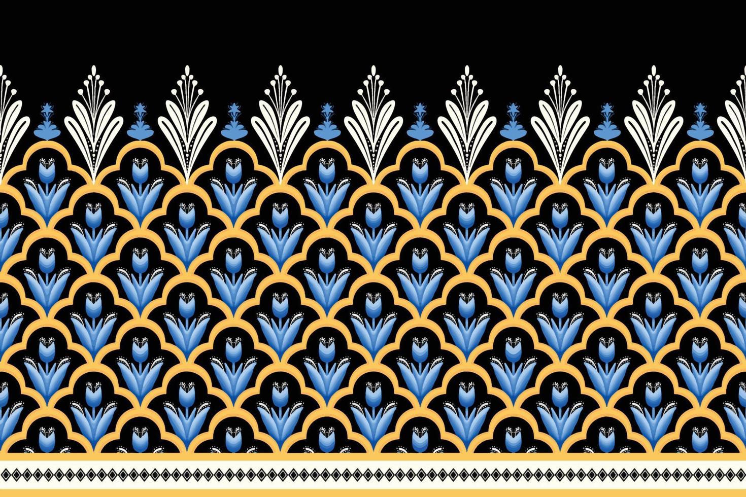 blå blomma på svart, vit, gul geometrisk etniskt orientaliskt mönster traditionell design för bakgrund, matta, tapeter, kläder, omslag, batik, tyg, vektorillustration broderistil vektor