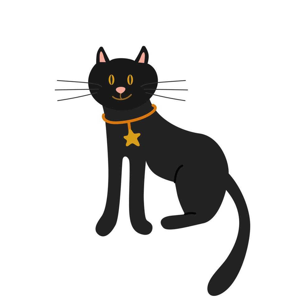 en svart katt med gula ögon och halsband. vektor illustration isolerad på en vit bakgrund. för design, inredning, vykort
