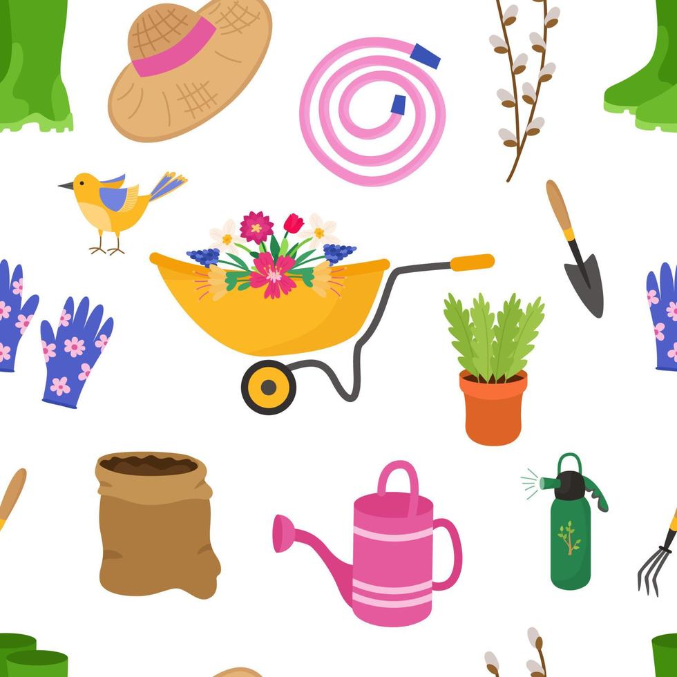 sömlösa mönster trädgårdsarbete våren ljusa. verktyg, handskar, skottkärra, soptunna, spruta, gummistövlar, blommor, mössa, vattenkanna, pil. vektor bakgrund för utskrift på papper, tyg, förpackning.