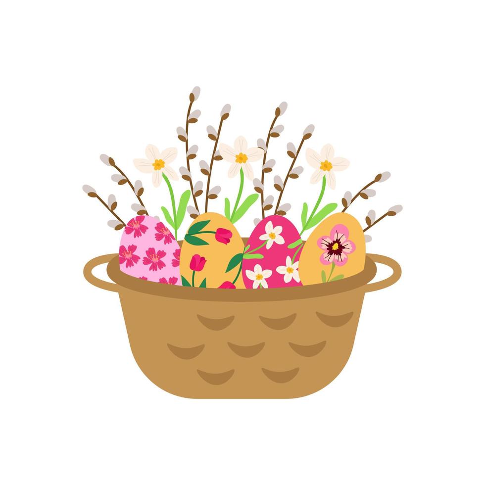 påsk flätad korg med ljusa ägg av färgglada blommor och pil. festlig vektorillustration för design vektor