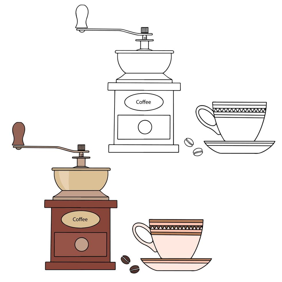 kaffekvarn med kaffebönor och en kopp. färg och linjär ritning på en vit bakgrund vektor