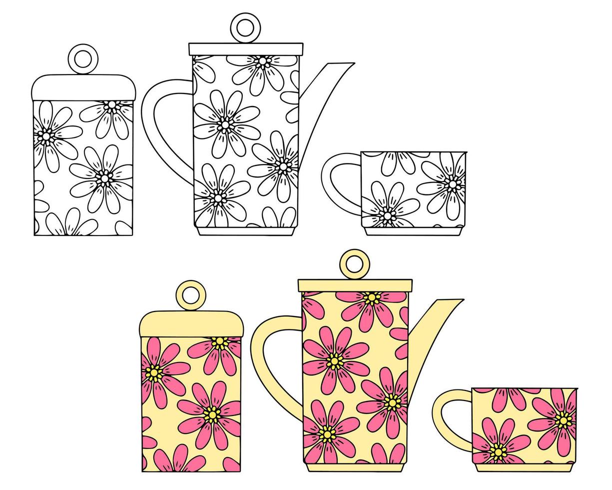 gul keramik tekanna, sockerskål och kopp. färg och linjär ritning på en vit bakgrund vektor