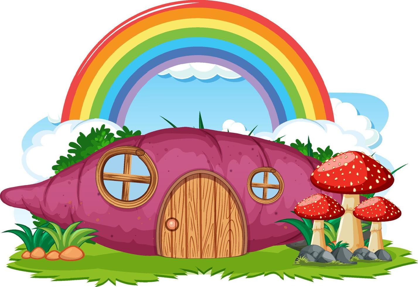 Fantasy-Kartoffelhaus mit Regenbogen am Himmel vektor