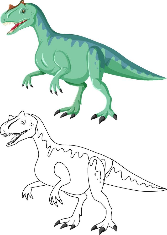 Allosaurus-Dinosaurier mit seinem Doodle-Umriss auf weißem Hintergrund vektor