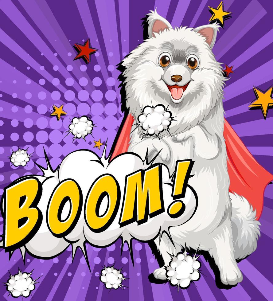 vit hund med röd cape på affisch med lila bakgrund vektor