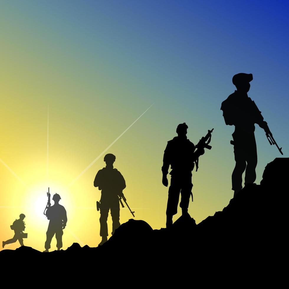 Silhouette des Soldaten isoliert auf Sonnenuntergang Hintergrund. eleganter sonnenunterganghintergrund mit soldatensilhouette. vektor