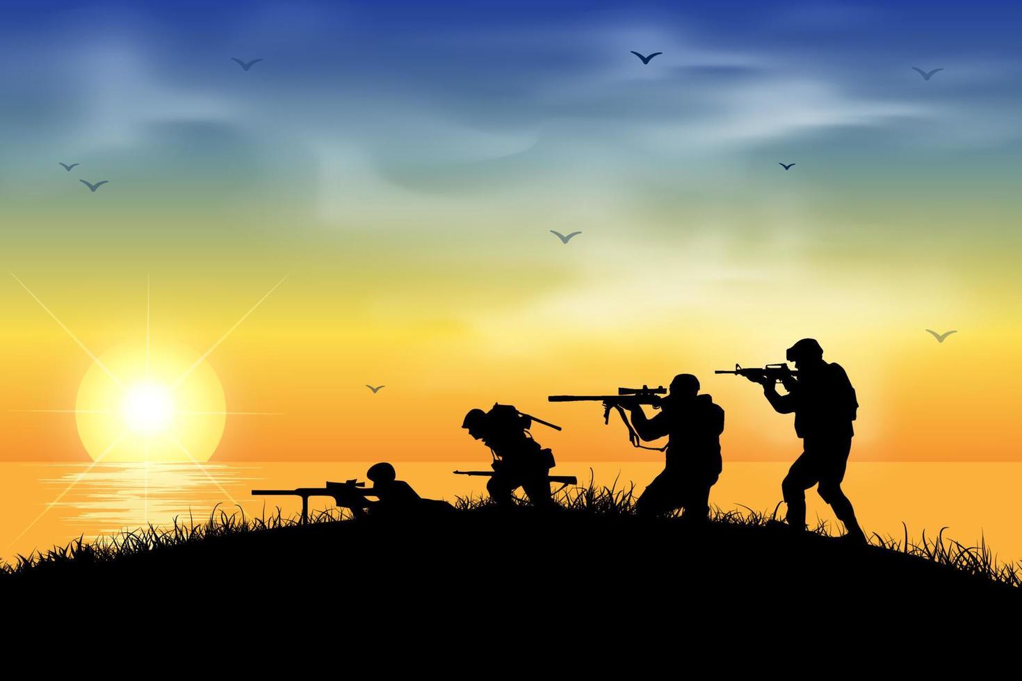 Silhouettenaufnahme eines Soldaten, der eine Waffe mit Sonnenuntergang im Hintergrund hält. Silhouette eines Soldaten mit einer Waffe auf einem Hintergrund des Sonnenuntergangs. silhouette soldaten kämpfen in kriegsvektorillustration. vektor