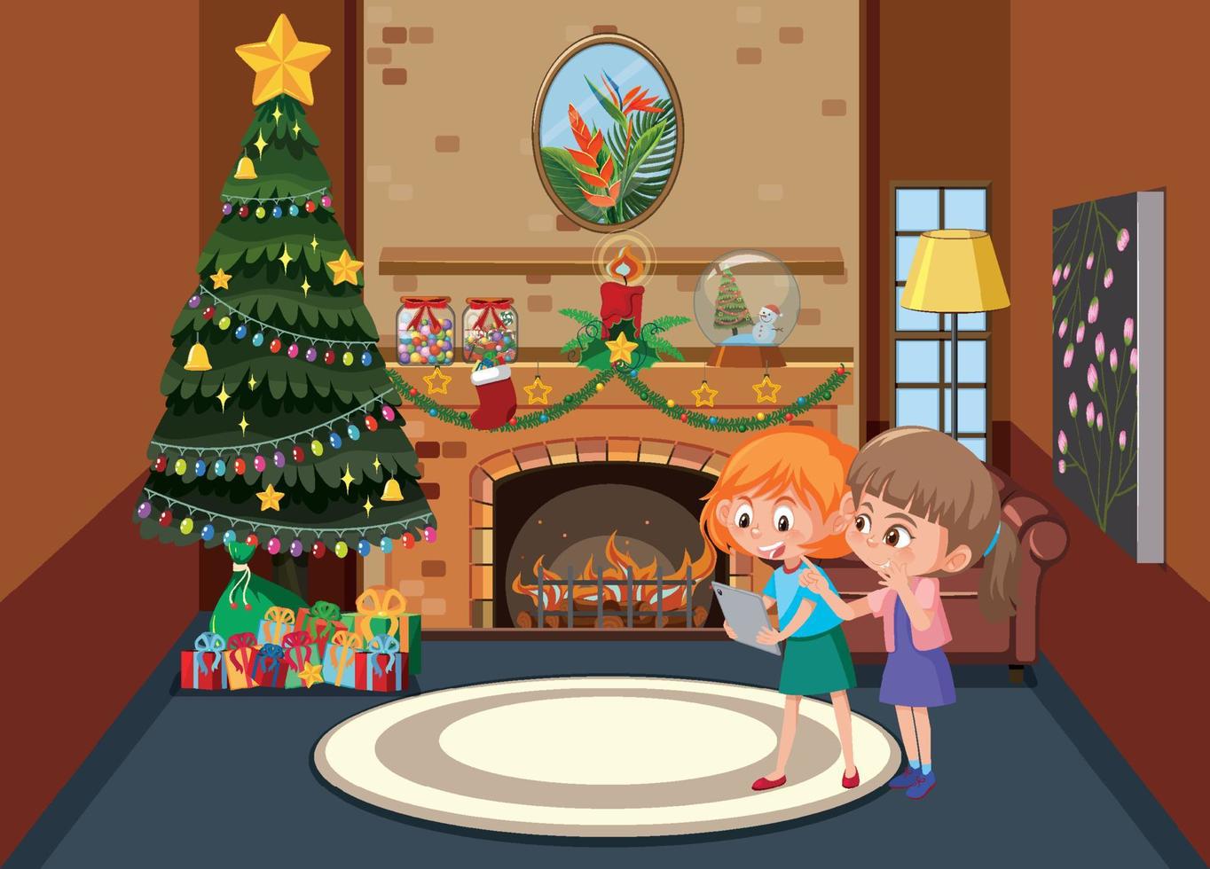 weihnachtlich dekoriertes Wohnzimmer mit Familienmitgliedern vektor