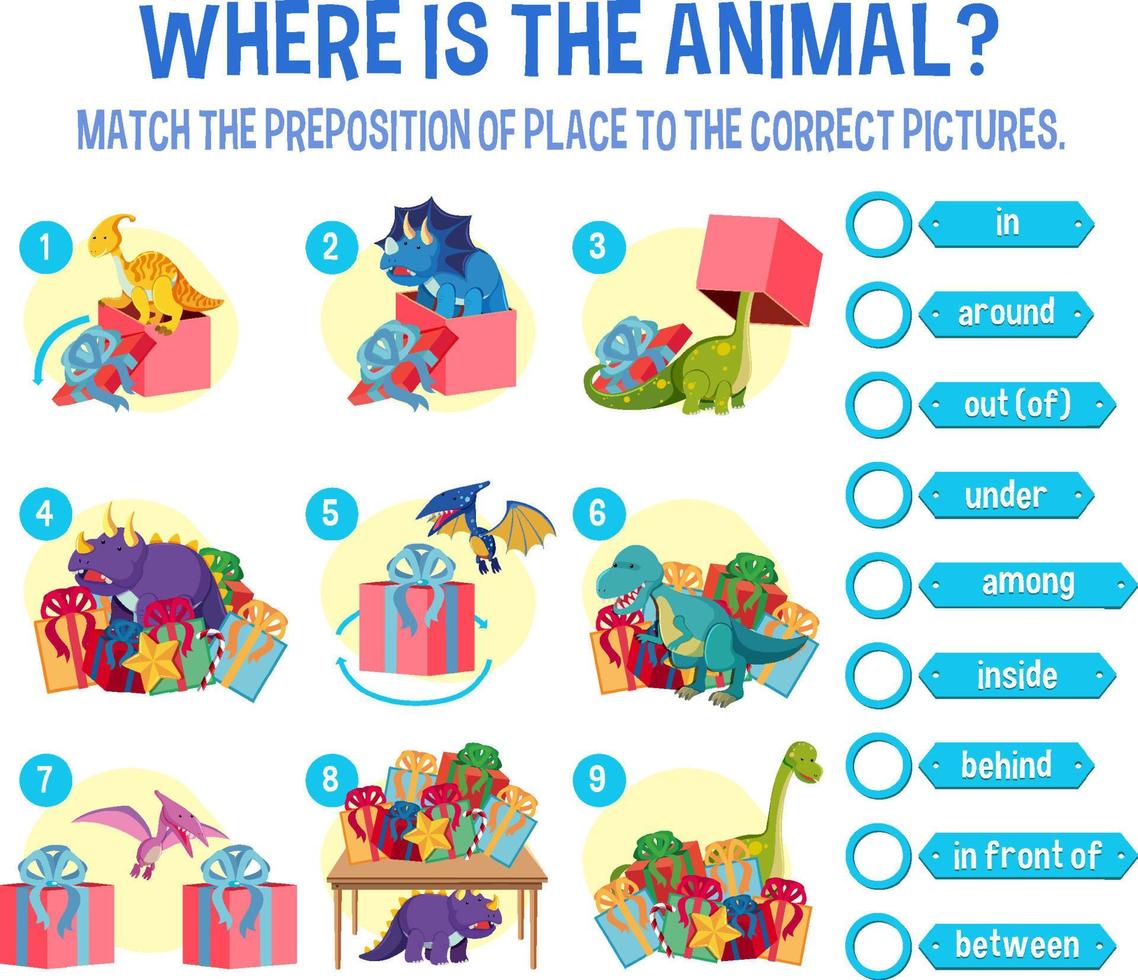preposition ordkort med dinosaurie och present vektor