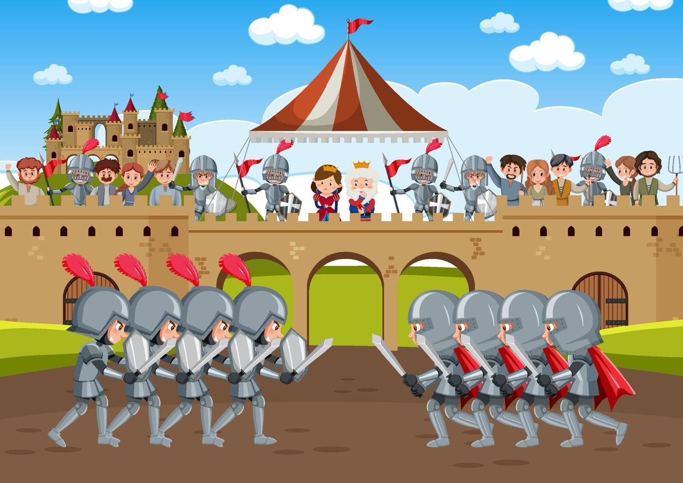 medeltida scen med kunglighetskaraktär och rustningsriddare vektor