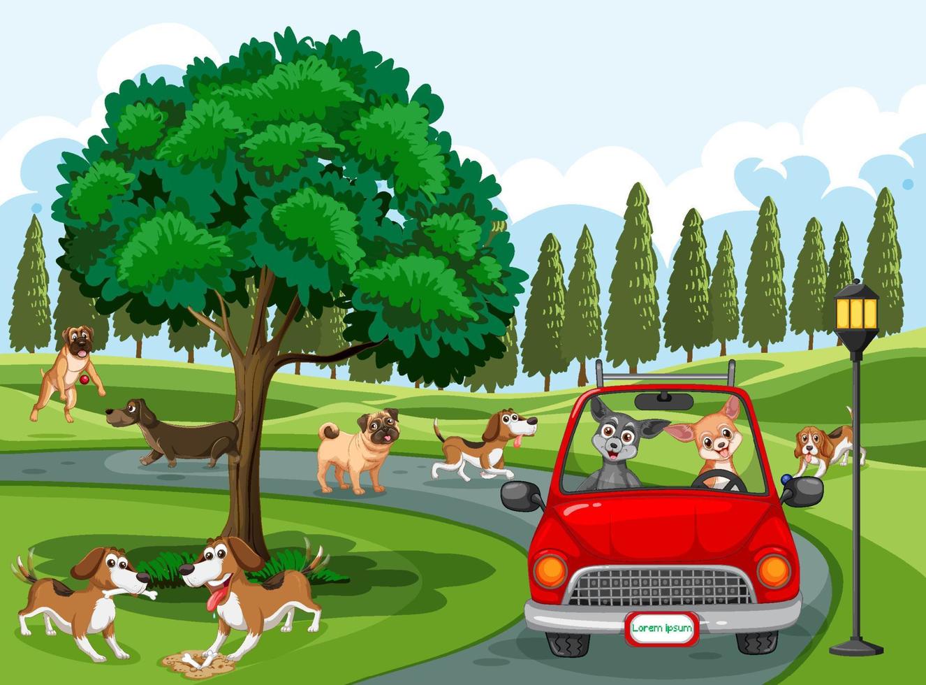 hunde laufen und fahren auto im park vektor