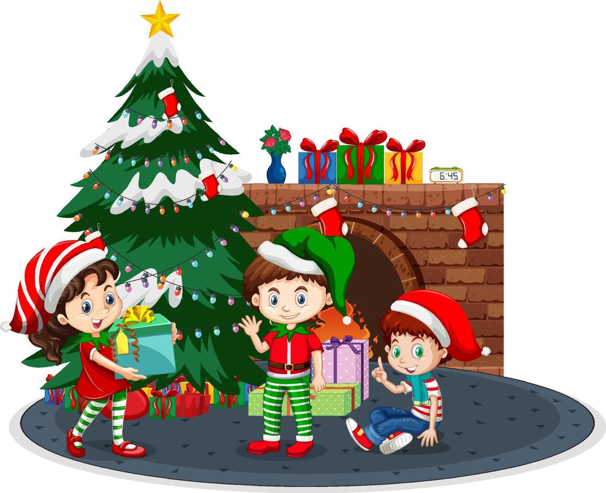 glückliche kinder, die weihnachten auf weißem hintergrund feiern vektor