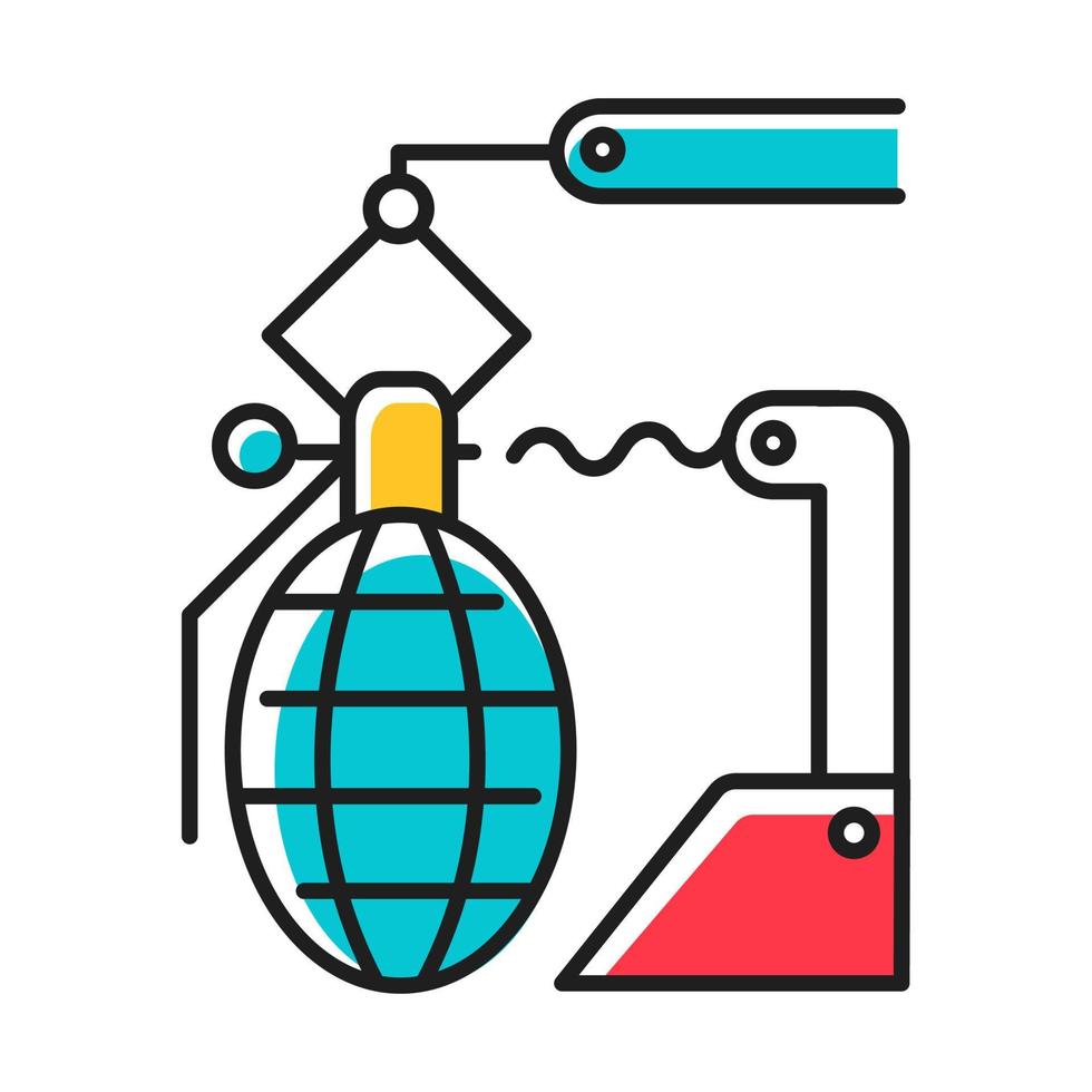 vapenindustrin blå färgikon. försvarsteknik. militära sektorn. vapenutveckling, produktion. förbereder sig för krig. produktionslinje för automatisk granater. isolerade vektor illustration