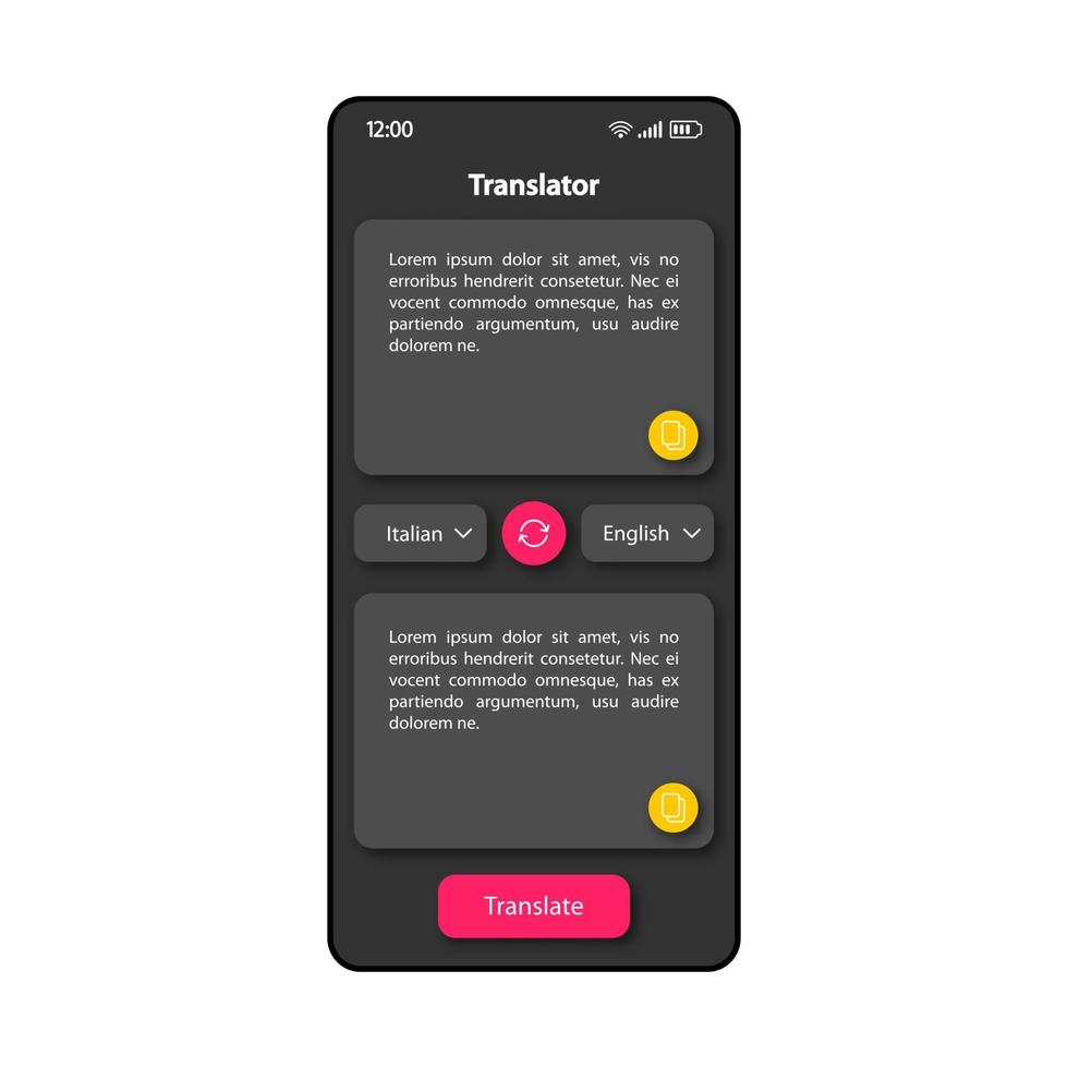 Übersetzer-Software-Smartphone-Schnittstellen-Vektorvorlage. Farbdesign-Layout für mobile App-Seiten. Textübersetzungsbildschirm. flache Benutzeroberfläche für die Anwendung. Wahl des Telefondisplays in einer Fremdsprache vektor