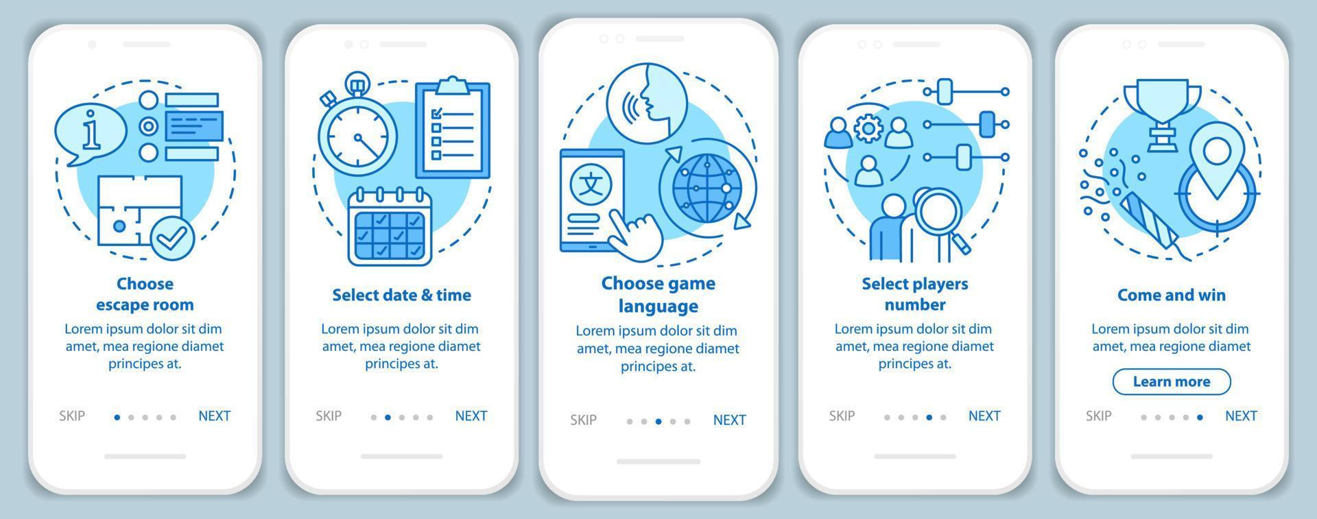 escape room bokning handledning onboarding mobil app sidskärm med linjära koncept. välj uppdragsdatum. genomgångssteg grafiska instruktioner. ux, ui, gui vektormall med illustrationer vektor