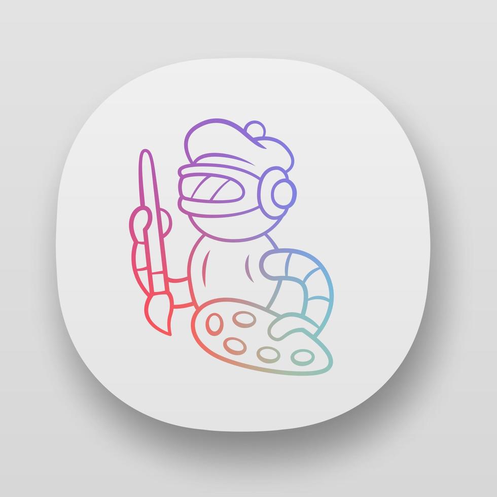 Art-Bot-App-Symbol. roboter, cyborg mit pinsel und palette. virtuelle Assistenz. künstliche Intelligenz, k. Kybernetik. ui ux-Benutzeroberfläche. Web- oder mobile Anwendungen. Vektor isolierte Illustrationen