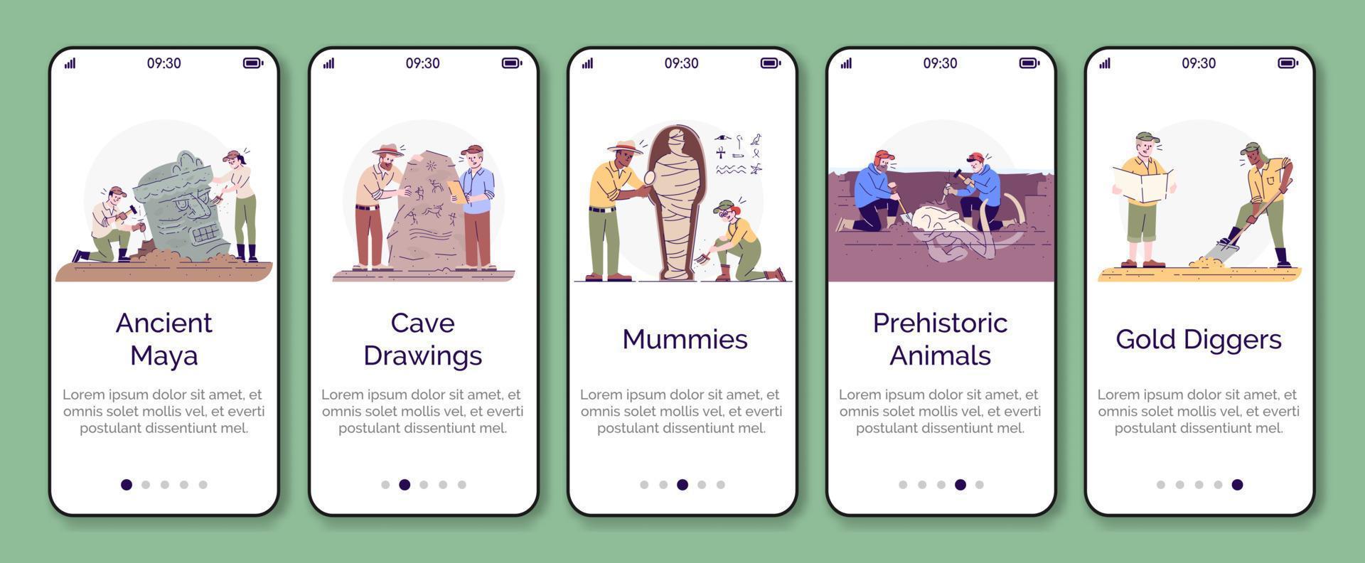 Archäologie beim Onboarding mobiler App-Bildschirmvektorvorlage. Paläontologie und Kulturgeschichte. Walkthrough-Website-Schritte mit flachen Zeichen. ux, ui, gui smartphone cartoon schnittstellenkonzept vektor