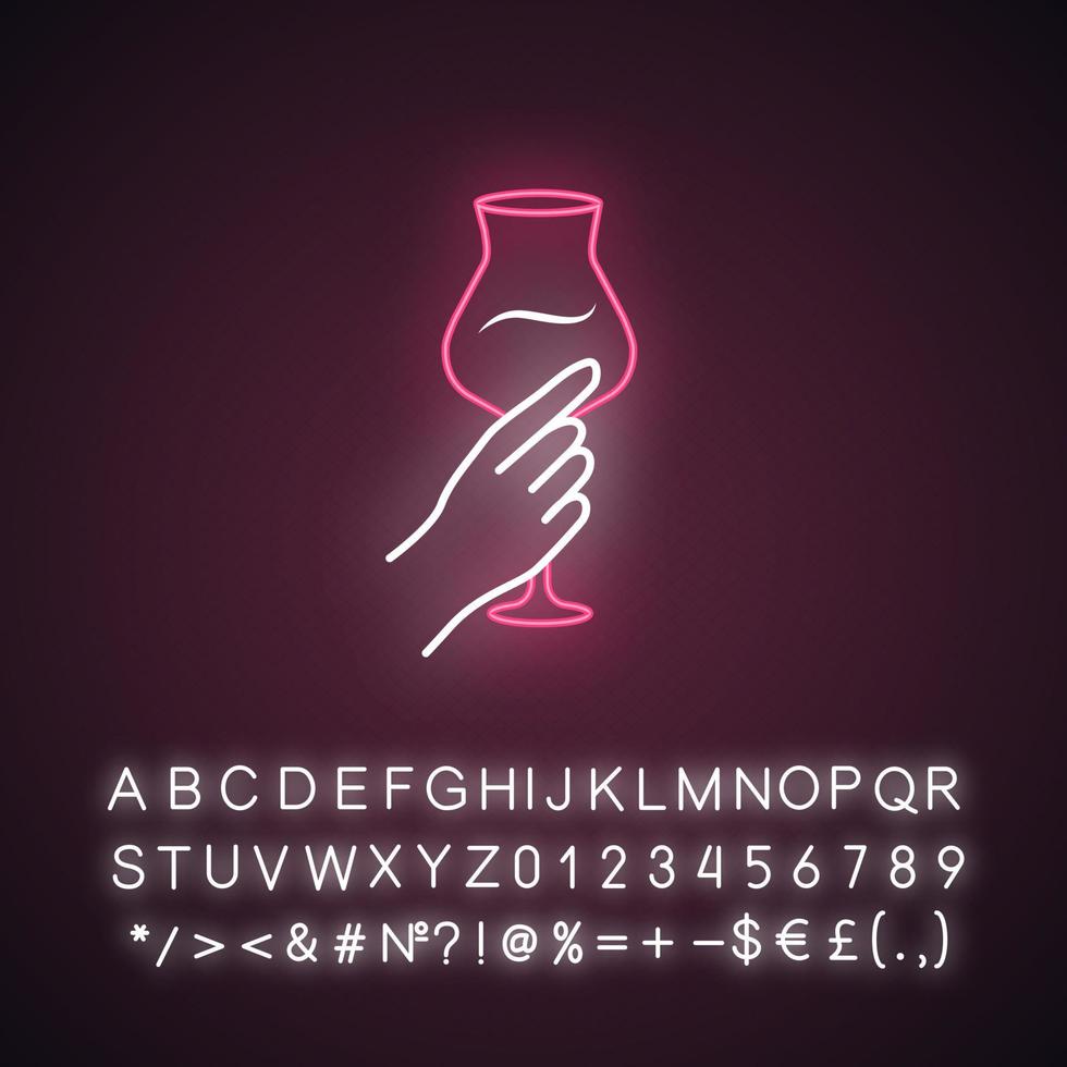 Hand hält Weinglas rosa Neonlicht-Symbol. glas voll alkohol trinken. Weinservice. Glaswaren. Feier. Prost. leuchtendes zeichen mit alphabet, zahlen und symbolen. vektor isolierte illustration