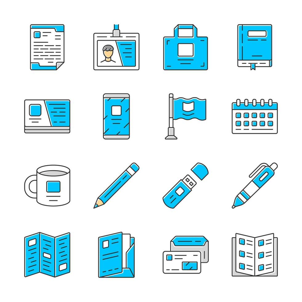 kontorsutrustning färg ikoner set. affärsverktyg isolerade vektorillustrationer. företagsarbetare, affärsman tillbehör. företags livsstilsattribut, pappersvaror pack. anteckningsbok, anställd märke vektor