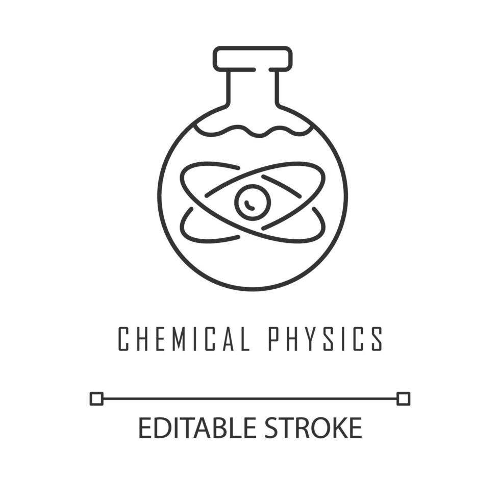 Lineares Symbol der chemischen Physik. Laborwissenschaftliche Forschung. chemische Substanz im Kolben. Laborexperiment. dünne Liniendarstellung. Kontursymbol. Vektor isoliert Umrisszeichnung. editierbarer Strich