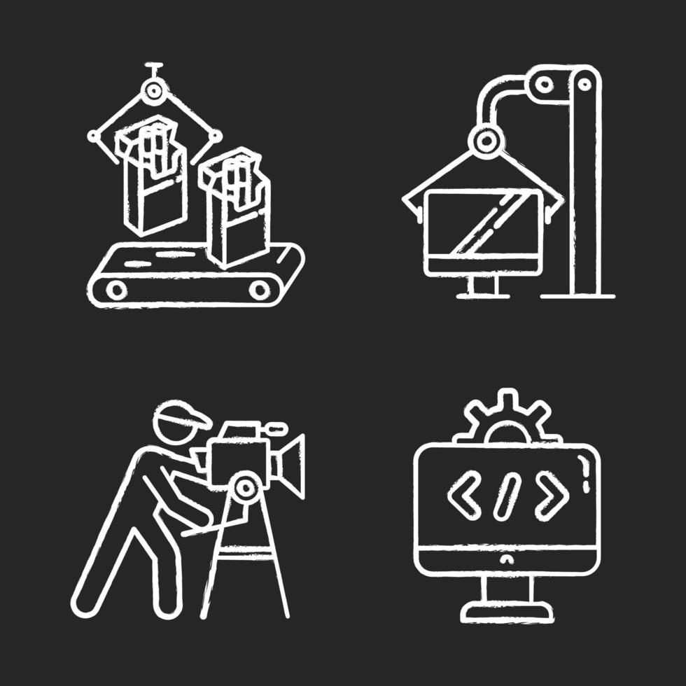 Industrietypen Kreidesymbole gesetzt. Tabak, Computer, Filmproduktion, IT-Wirtschaftszweige. Landwirtschafts-, Produktions- und Dienstleistungsunternehmen. isolierte vektortafelillustrationen vektor