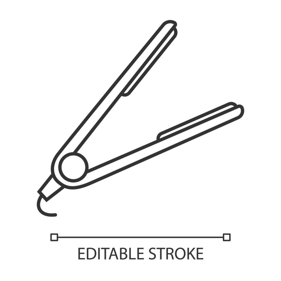 Lineares Symbol für Haarglätter. Glätteisen. vorübergehendes Glätten von lockigem Haar durch Erhitzen. Friseur Werkzeug. dünne Liniendarstellung. Kontursymbol. Vektor isoliert Umrisszeichnung. editierbarer Strich