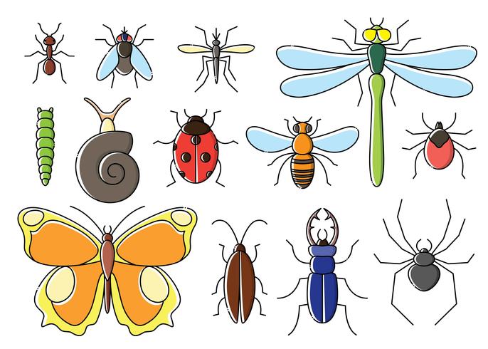 Insekter satt i platt stil. Line art bugs icon collection. vektor