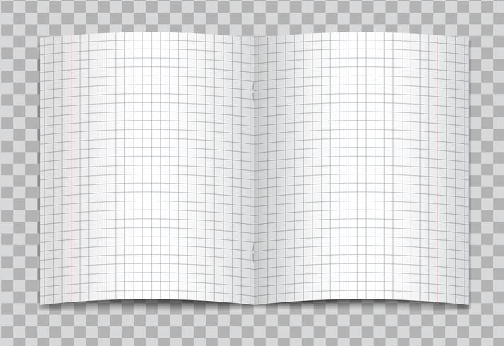 Vektor öppnade realistiska kvadratiska grundskolans copybook med röda marginaler på transparent bakgrund. Mockup eller mall av tomma grafiska öppnade sidor av anteckningsbok eller träningsbok med häften.