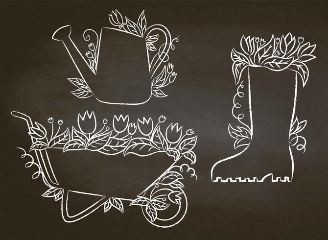 Kalk konturer av vattendrag, boot och barrow med löv och flowers.Collection av trädgårdsplattor på svarta tavlan. Gardening typografi affischer set. vektor