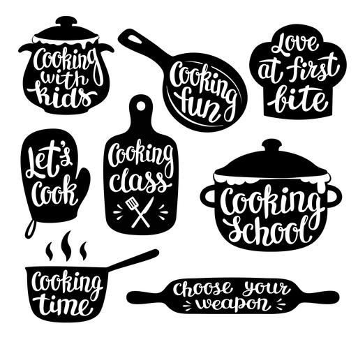 Samling av matlagningslabel eller logotyp. Handskrivet bokstäver, kalligrafi matlagning vektor illustration. Kock, kock, köksredskap ikon eller logotyp.