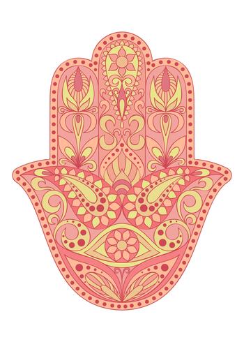 Handgezeichnete Hamsa-Symbol. Hand von Fatima. Ethnisches Amulett, das in indischen, arabischen und jüdischen Kulturen verbreitet ist. Buntes Hamsa Symbol mit östlicher Blumenverzierung. vektor