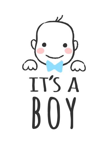 Vector skizzierte Illustration mit Babygesicht und Aufschrift - es ist ein Junge - für Babypartykarte, T-Shirt Druck oder Plakat.
