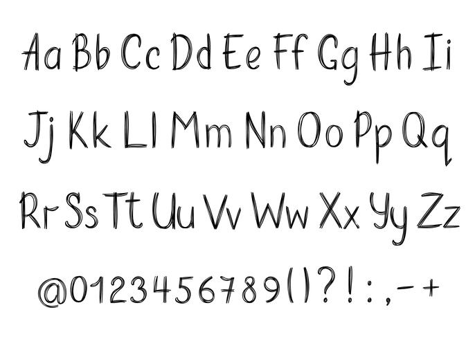 Alphabet im skizzenhaften Stil. Vector handgeschriebene Bleistiftbuchstaben, -zahlen und -Interpunktionszeichen. Tinte Stift Handschrift Schriftart.