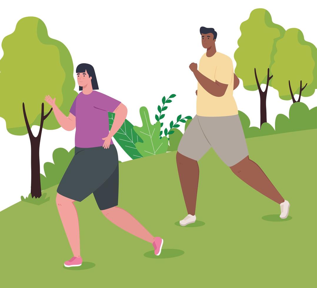 paar läuft im freien, frau und mann in sportbekleidung joggen im park vektor