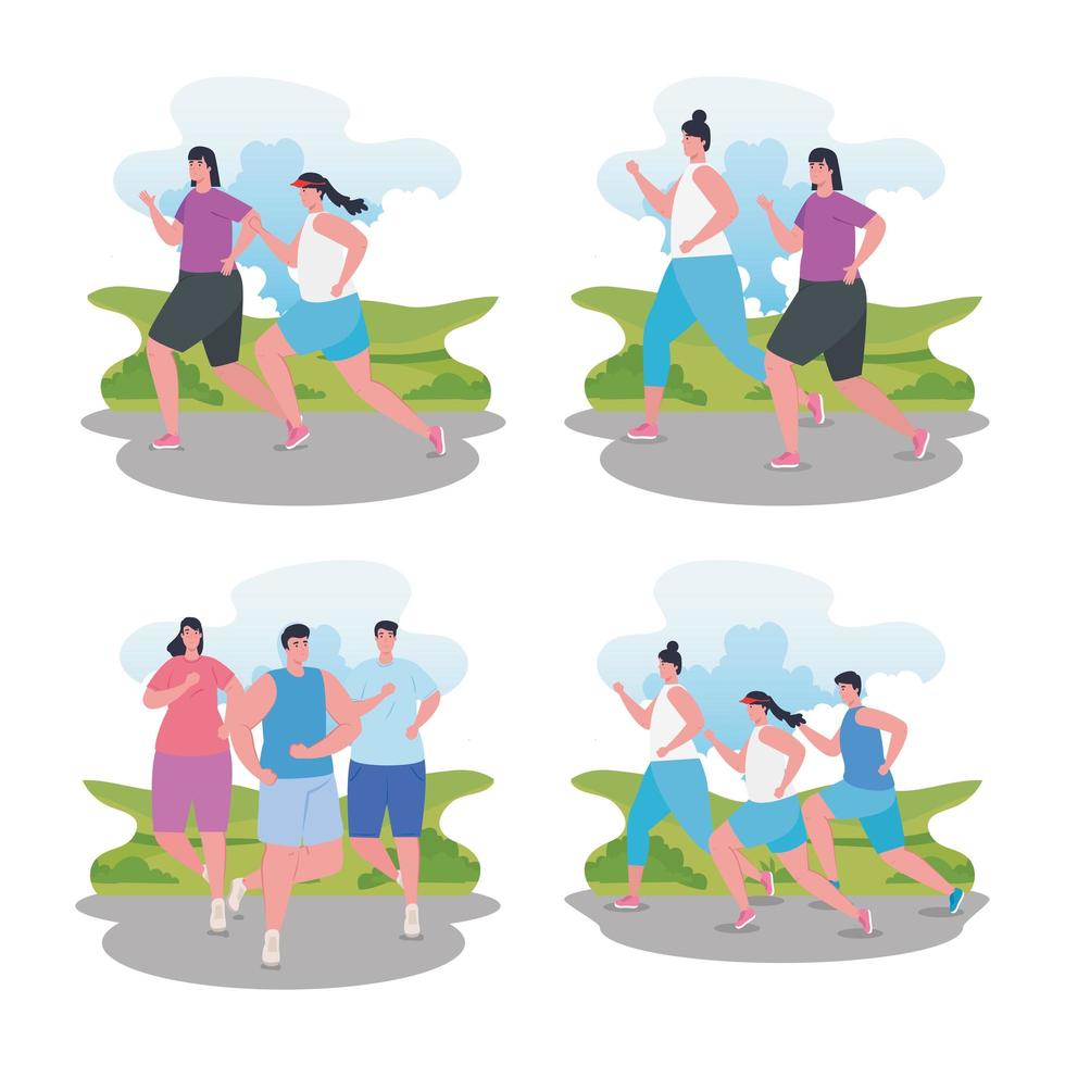 leute, die laufen, gruppenleute in sportbekleidung joggen, frauen und männer, die übungen machen vektor