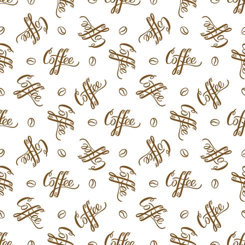 Vector nahtloses Muster mit handrawn Beschriftung Kaffee und Kaffeebohnen. Wiederholen des Hintergrundes für Packpapier, Scrapbooking, Textildesign.