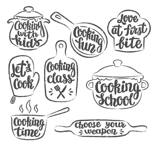 Samling av grunge konturerad matlagning etikett eller logotyp. Handskrivet bokstäver, kalligrafi matlagning vektor illustration. Kock, kock, köksredskap ikon eller logotyp.