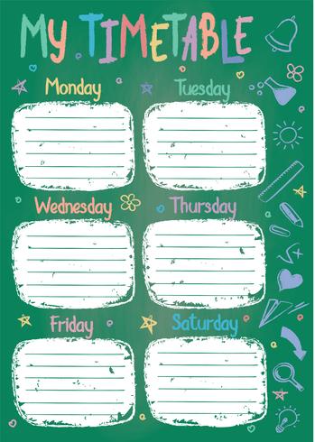 Schulzeitplanschablone auf Kreidebrett mit Hand geschriebenem farbigem Kreidetext. Der wöchentliche Stundenplan in der flüchtigen Art, die mit Hand gezeichneter Schule verziert wird, kritzelt auf grünem Brett. vektor
