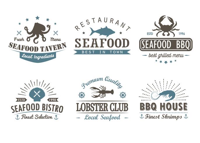 Sats med vintage skaldjur, grill, grill logotyp mallar, märken och designelement. Logotyper samling för skaldjur butik, café, restaurang. Vektor illustration. Hipster och retro stil.