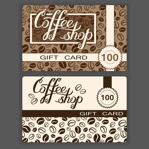 Coffee-Shop-Geschenkkarten-Vorlagen. Vector Illustration von KaffeestubeGutscheinen mit Handbeschriftung und Kaffeebohnehintergrund.