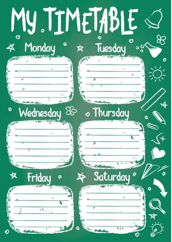 Schulzeitplanvorlage auf Kreidetafel mit handgeschriebenem Kreidetext. Der wöchentliche Stundenplan in der flüchtigen Art, die mit Hand gezeichneter Schule verziert wird, kritzelt auf grünem Brett. vektor