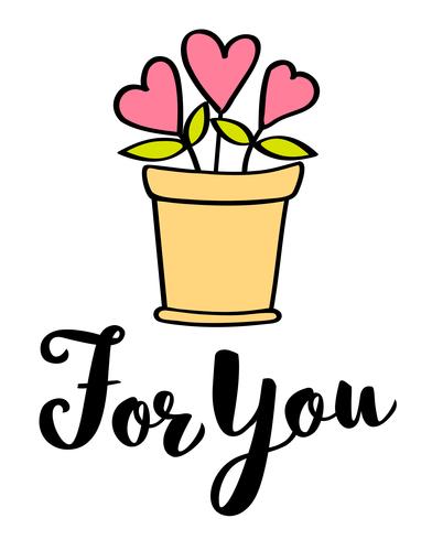 Handschriftliche Schriftzug für Sie und Herzen im Blumentopf Valentinstagskarte, Poster, T-Shirt drucken. Vektor Valentinstag Abbildung.