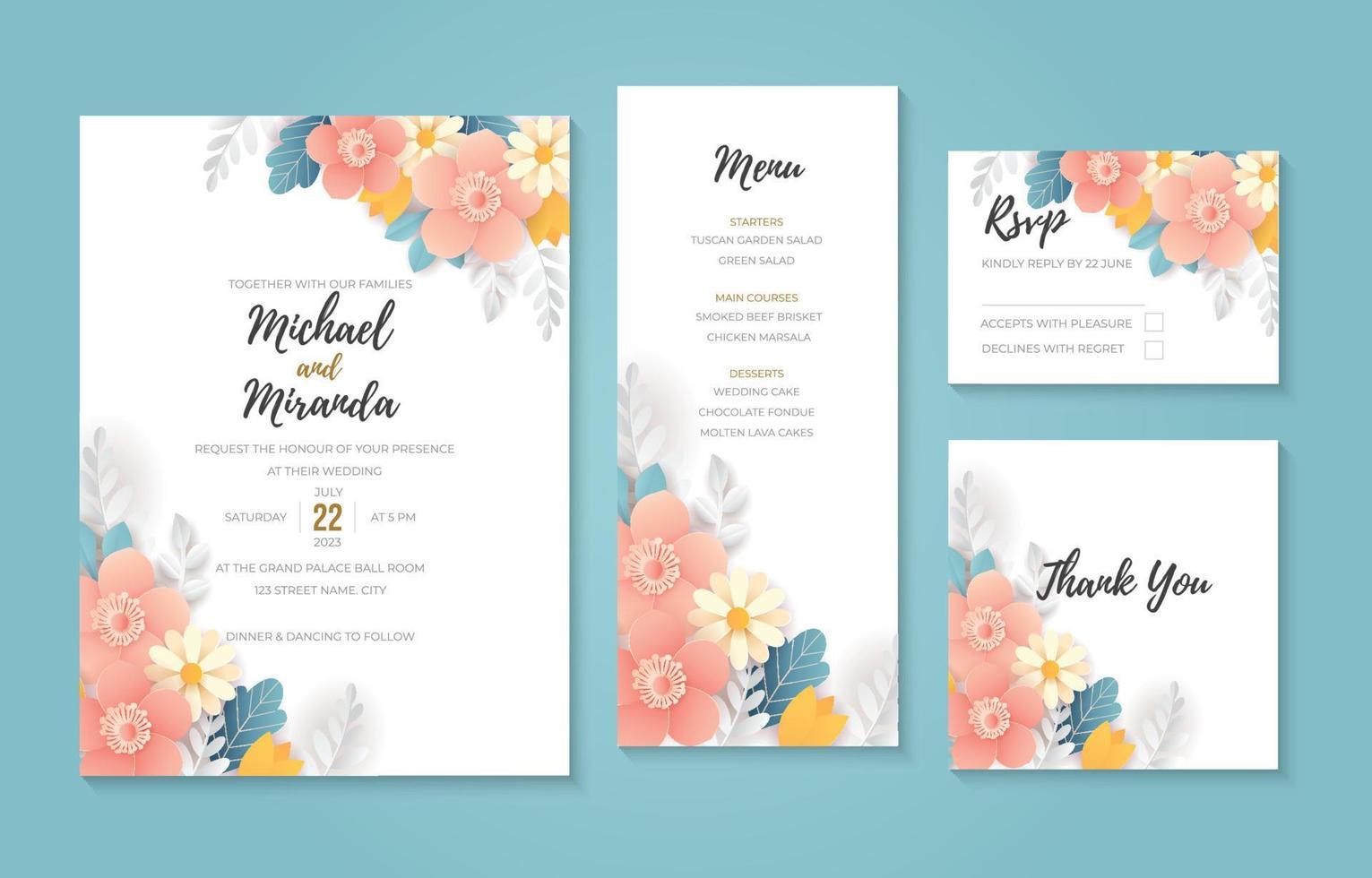 Entwurfsvorlage für Hochzeitseinladungen aus Papier mit Blumen vektor