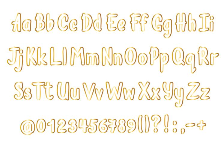 Gyllene alfabetet i sketchy stil. Vektor handskriven bokstäver, siffror och skiljetecken. Guld konturerad handstil typsnitt.