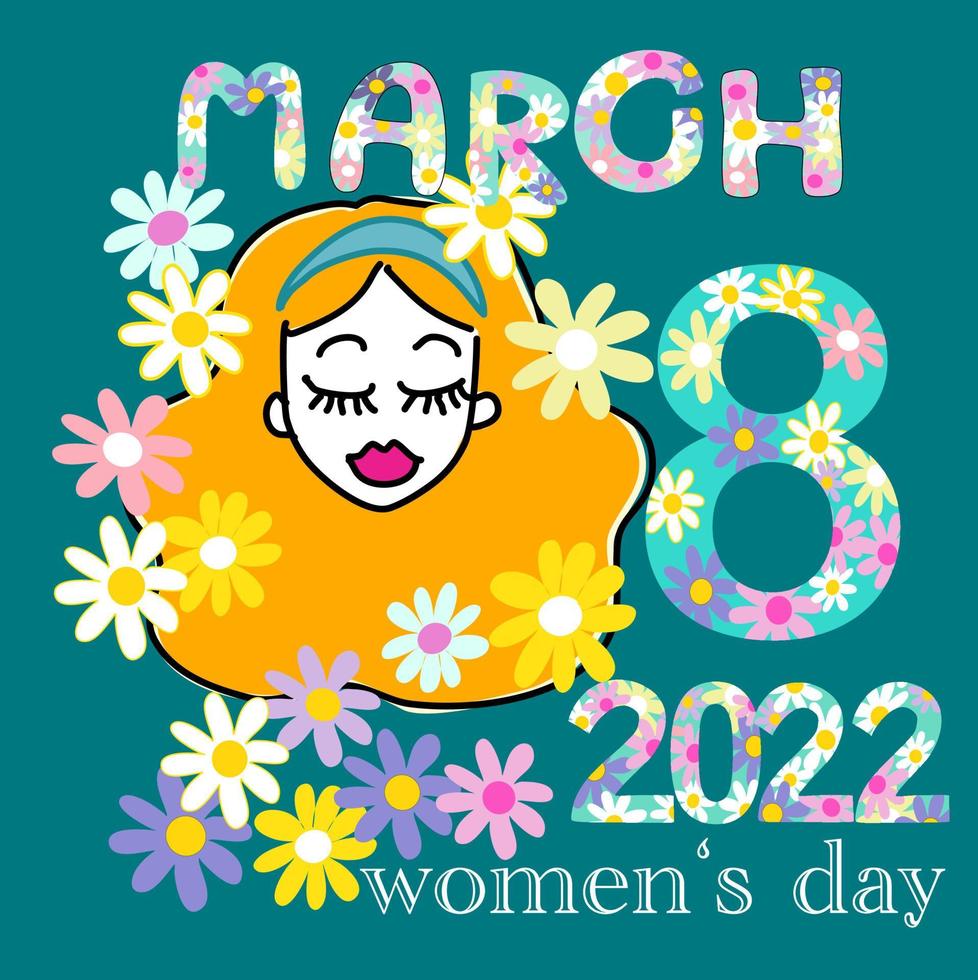 Happy Women's Day Card Frau Cartoon im Frühling Blumen Hintergrund und Blumen Alphabete 8. März 2022 handgezeichnete Zeichnung Cartoon-Vektor vektor