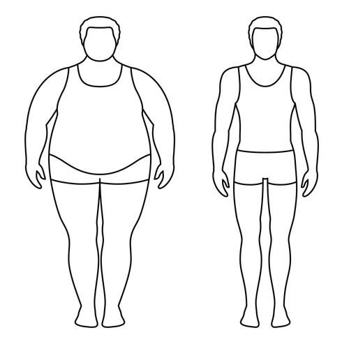 Vektor illustration av en man före och efter viktminskning. Manliga kroppskonturer. Framgångsrikt diet och sportkoncept. Smala och feta pojkar.
